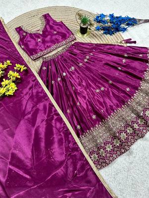 Magenta chinon silk sequence embroidered & zari booti work lehenga choli for kids 3