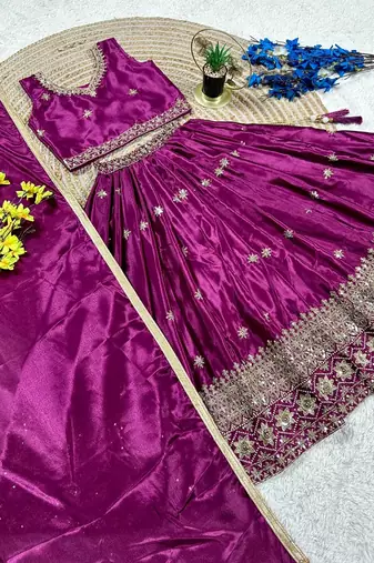 Magenta chinon silk sequence embroidered & zari booti work lehenga choli for kids