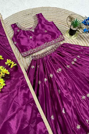 Magenta chinon silk sequence embroidered & zari booti work lehenga choli for kids