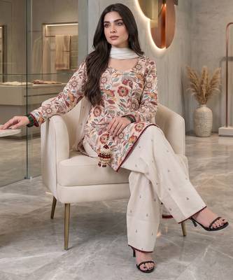 Designer cream floral print kurta farshi pant set with dupatta 2