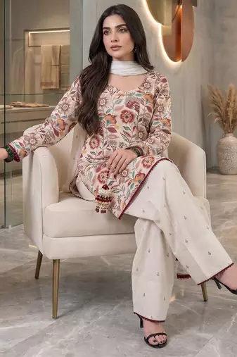 Designer cream floral print kurta farshi pant set with dupatta