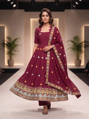 Elegant maroon flared anarkali dress with heavy border dupatta 2