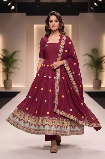 Elegant maroon flared anarkali dress with heavy border dupatta