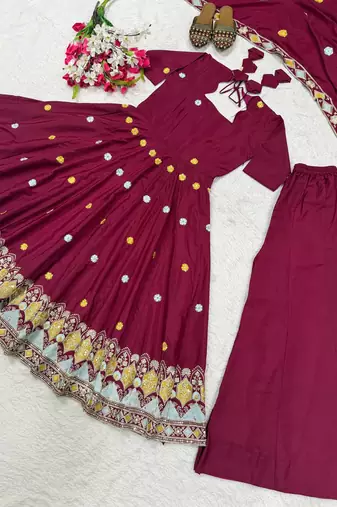 Elegant maroon flared anarkali dress with heavy border dupatta
