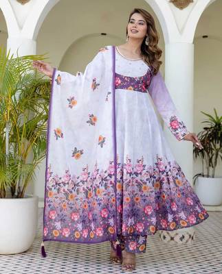 Lavender floral print anarkali suit with matching dupatta 1