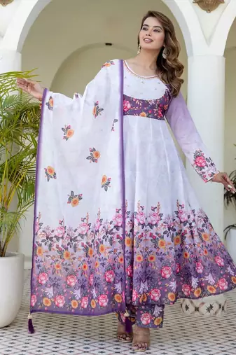 Lavender floral print anarkali suit with matching dupatta