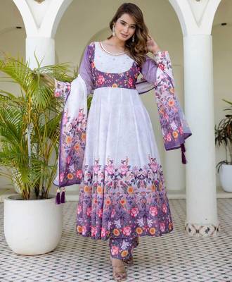 Lavender floral print anarkali suit with matching dupatta 2