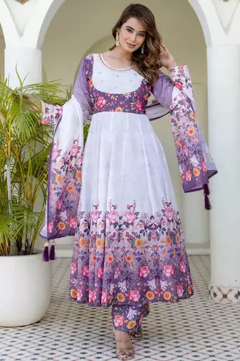 Lavender floral print anarkali suit with matching dupatta