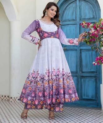 Lavender floral print anarkali suit with matching dupatta 3