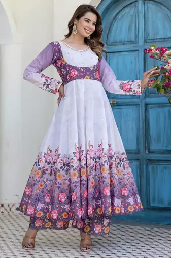 Lavender floral print anarkali suit with matching dupatta