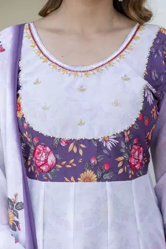 Lavender floral print anarkali suit with matching dupatta