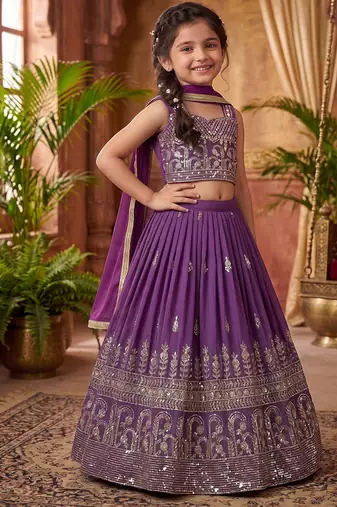 Lavender georgette heavy sequence work wedding lehenga choli for kids