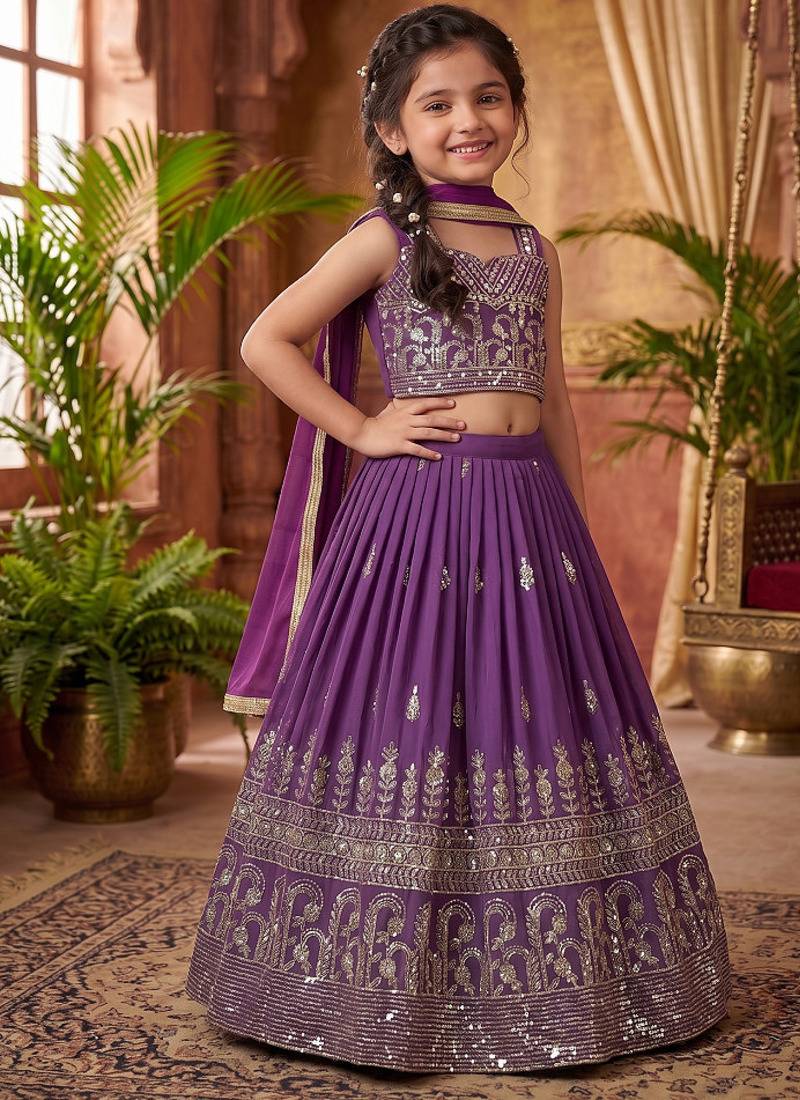 Lavender georgette heavy sequence work wedding lehenga choli for kids