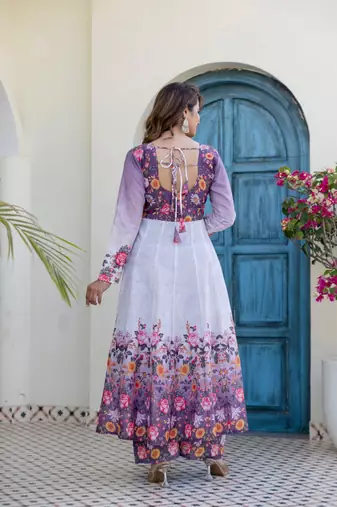 Lavender floral print anarkali suit with matching dupatta