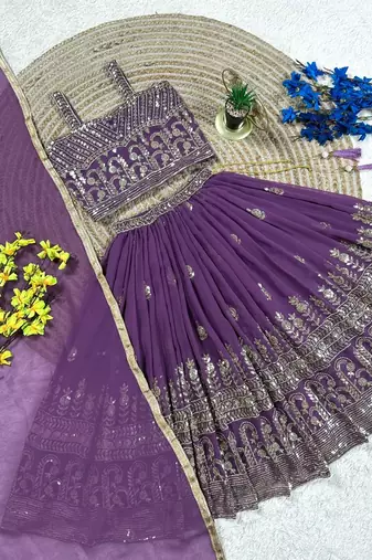 Lavender georgette heavy sequence work wedding lehenga choli for kids