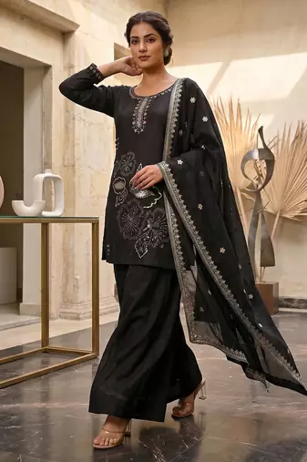 Black embroidered sharara suit set for women