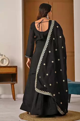 Black embroidered sharara suit set for women