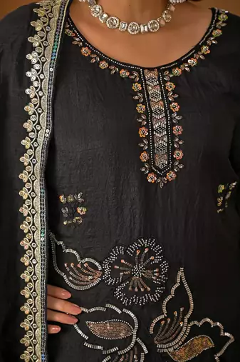 Black embroidered sharara suit set for women