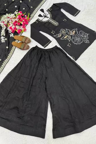 Black embroidered sharara suit set for women