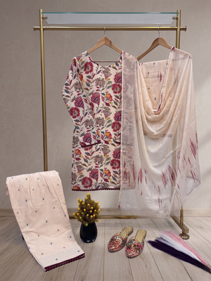 Designer cream floral print kurta farshi pant set with dupatta 3