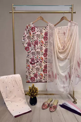 Designer cream floral print kurta farshi pant set with dupatta