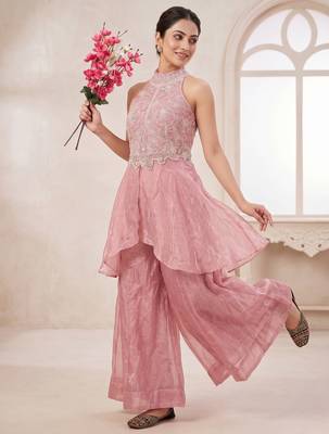 Elegant pink sequins embroidered peplum kurti with palazzo set 2