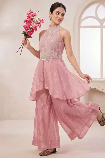 Elegant pink sequins embroidered peplum kurti with palazzo set