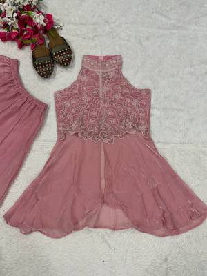 Elegant pink sequins embroidered peplum kurti with palazzo set 4