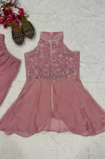 Elegant pink sequins embroidered peplum kurti with palazzo set