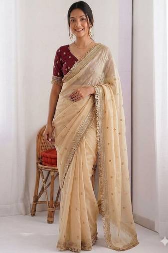 Women's satin silk saree with elegant lace border party wear designer saree