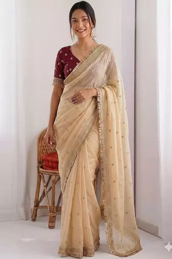 Women's satin silk saree with elegant lace border party wear designer saree