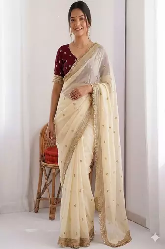 Women's satin silk saree with elegant lace border party wear designer saree