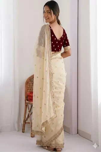 Women's satin silk saree with elegant lace border party wear designer saree