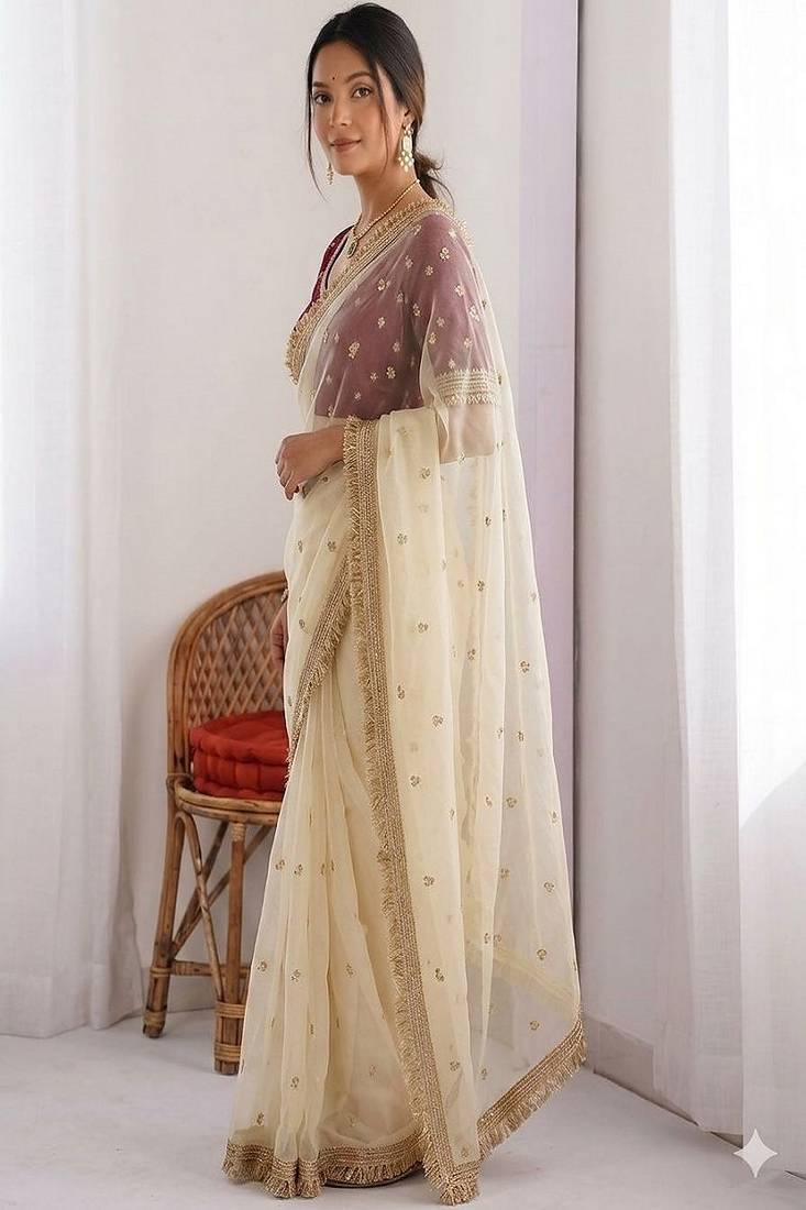 Women's satin silk saree with elegant lace border party wear designer saree