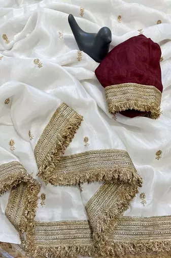 Women's satin silk saree with elegant lace border party wear designer saree