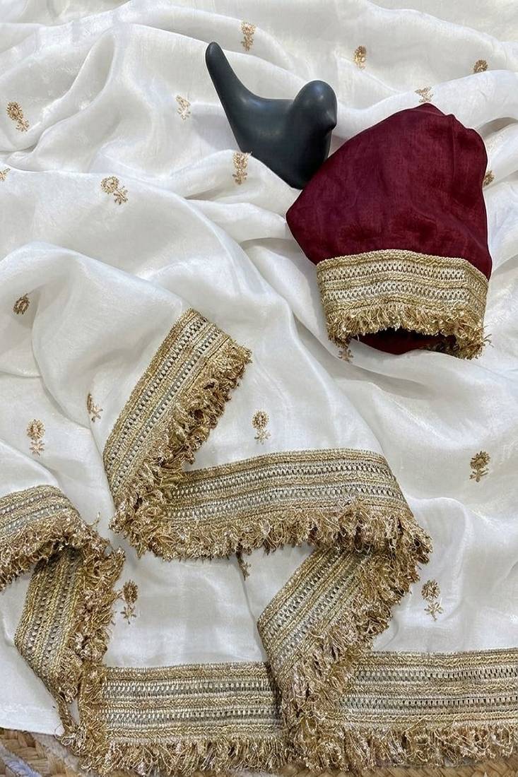 Women's satin silk saree with elegant lace border party wear designer saree