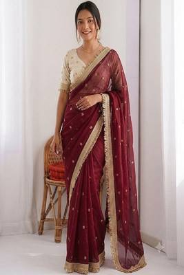 Women's satin silk saree with elegant lace border party wear designer saree 1