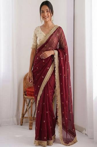 Women's satin silk saree with elegant lace border party wear designer saree
