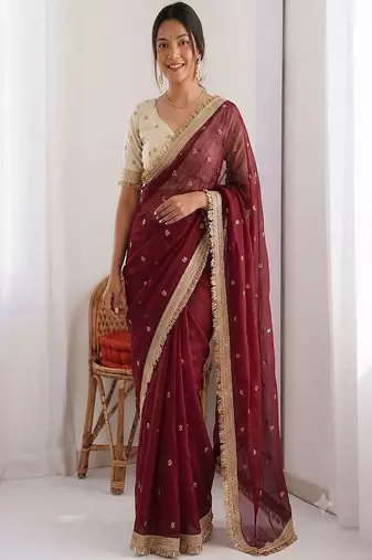 Women's satin silk saree with elegant lace border party wear designer saree