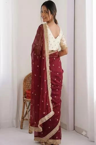 Women's satin silk saree with elegant lace border party wear designer saree