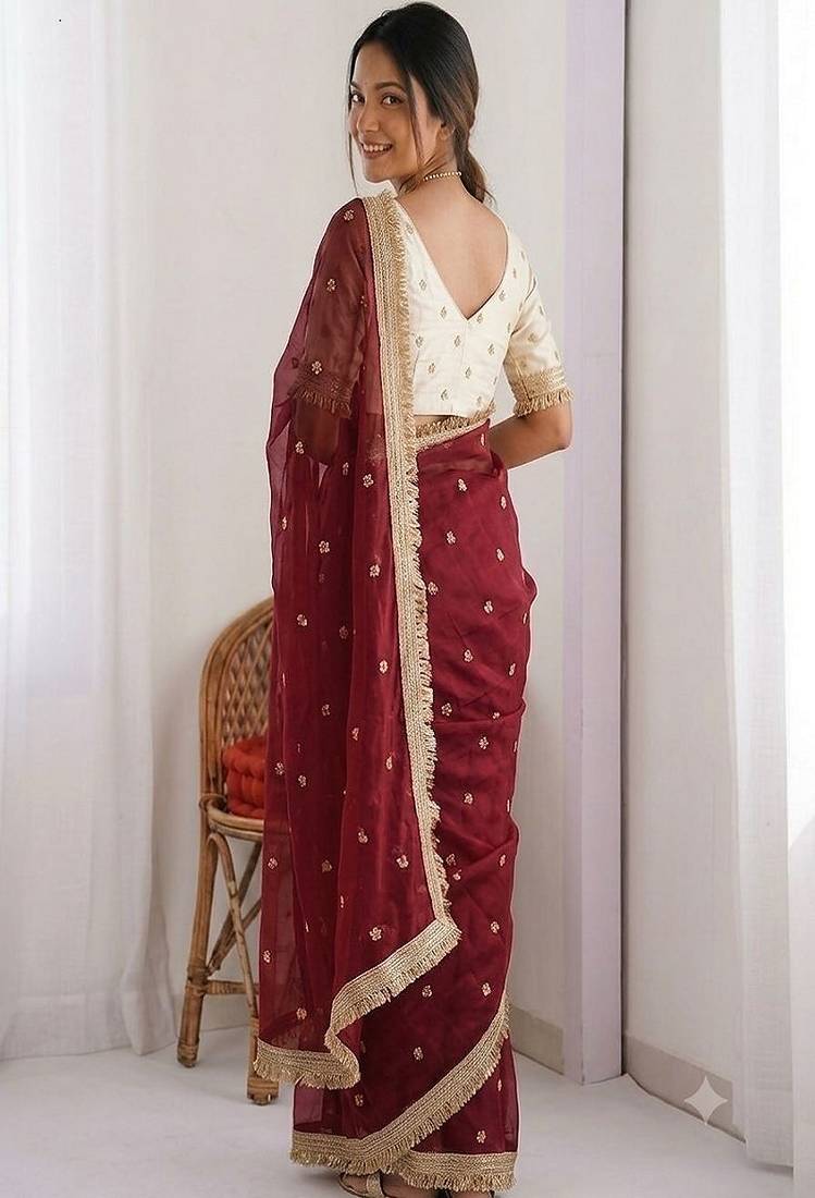 Women's satin silk saree with elegant lace border party wear designer saree