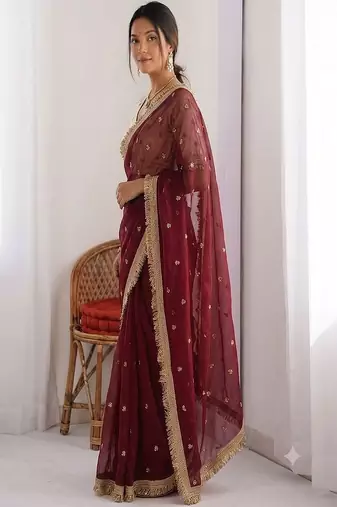 Women's satin silk saree with elegant lace border party wear designer saree