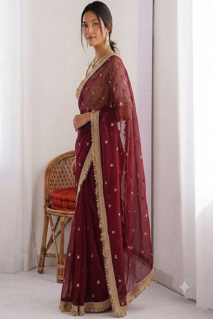 Women's satin silk saree with elegant lace border party wear designer saree