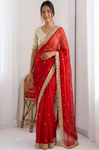 Women's satin silk saree with elegant lace border party wear designer saree