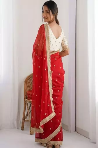 Women's satin silk saree with elegant lace border party wear designer saree