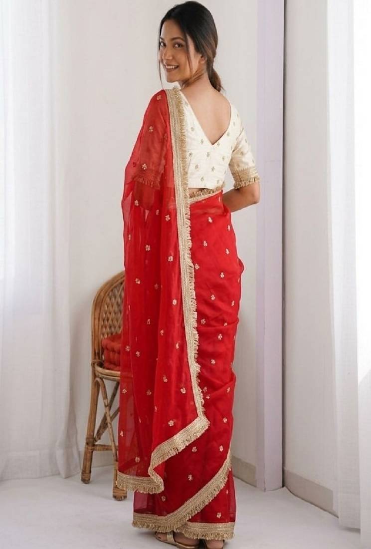 Women's satin silk saree with elegant lace border party wear designer saree