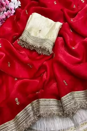 Women's satin silk saree with elegant lace border party wear designer saree