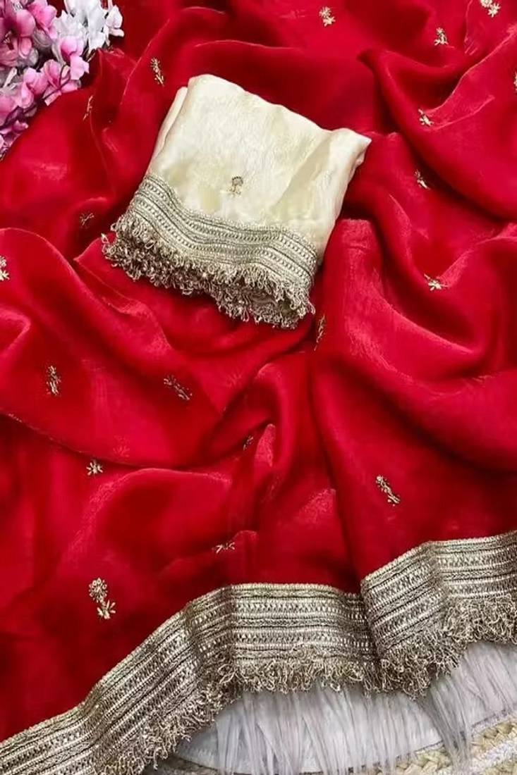 Women's satin silk saree with elegant lace border party wear designer saree