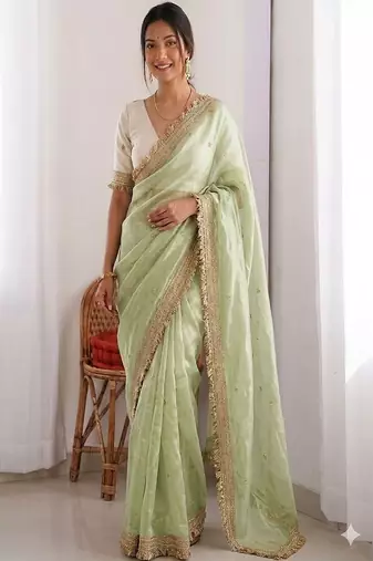 Women's satin silk saree with elegant lace border party wear designer saree