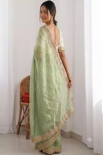 Women's satin silk saree with elegant lace border party wear designer saree